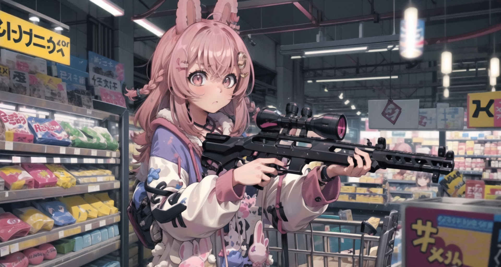 03354-1714262162-1girl, pipkin pippa, hair ornament, pink hoodie, pink hair, braids, pink eyes, rabbit ears, blank eyes, shooter's rack, shooting.png